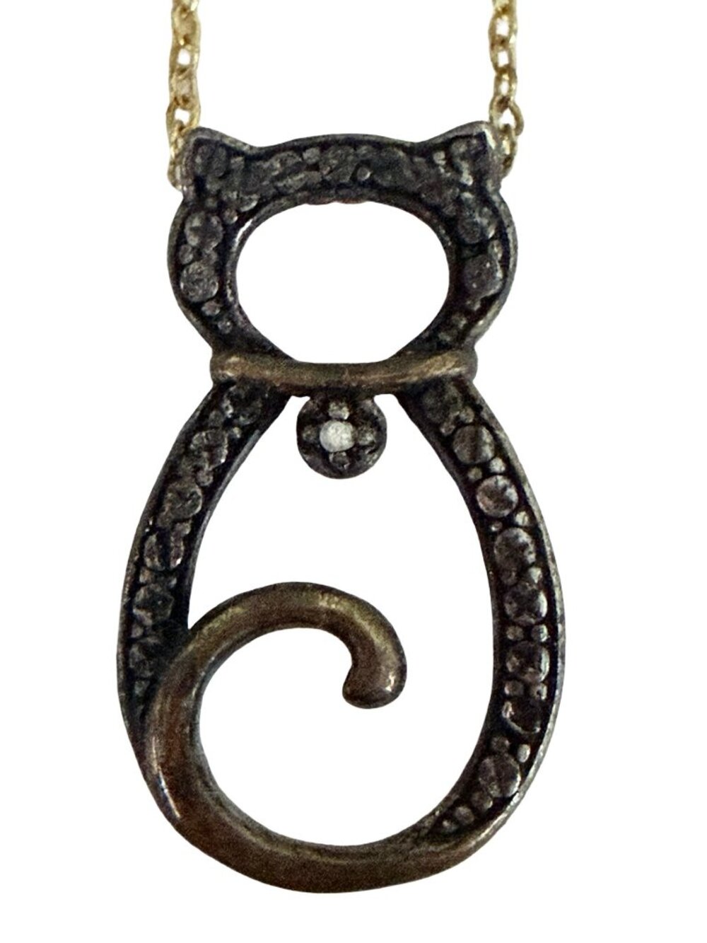 Vintage Cat Pendant Necklace 16" Curled Tail Rhinestone Mixed Metal